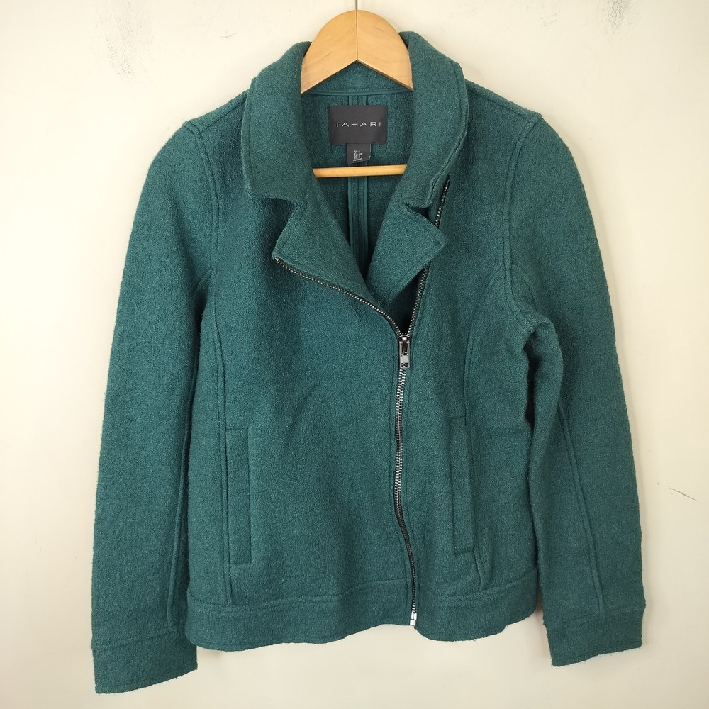 Tahari Wool Blend Moto Sweater Jacket Small Asymmetric Zip Casual Teal Green